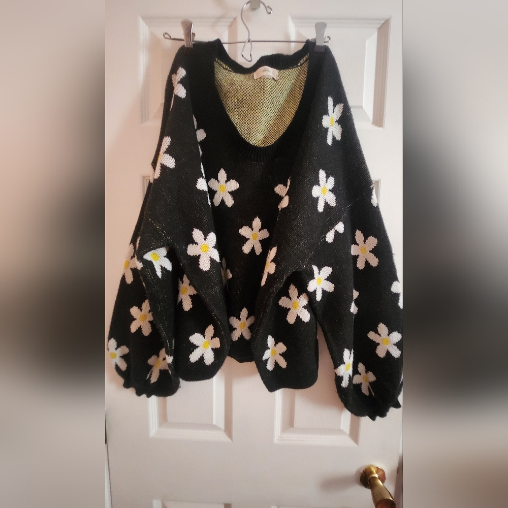 Altar'd State Black Sweater with White Floral Pattern
